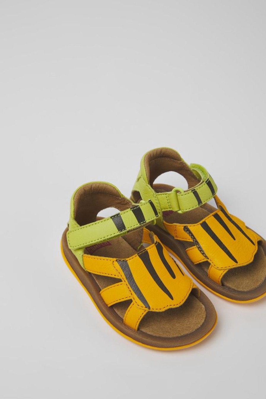 Camper Sandalias | Sandalias Verdes Y Naranjas De Piel Para Ninos