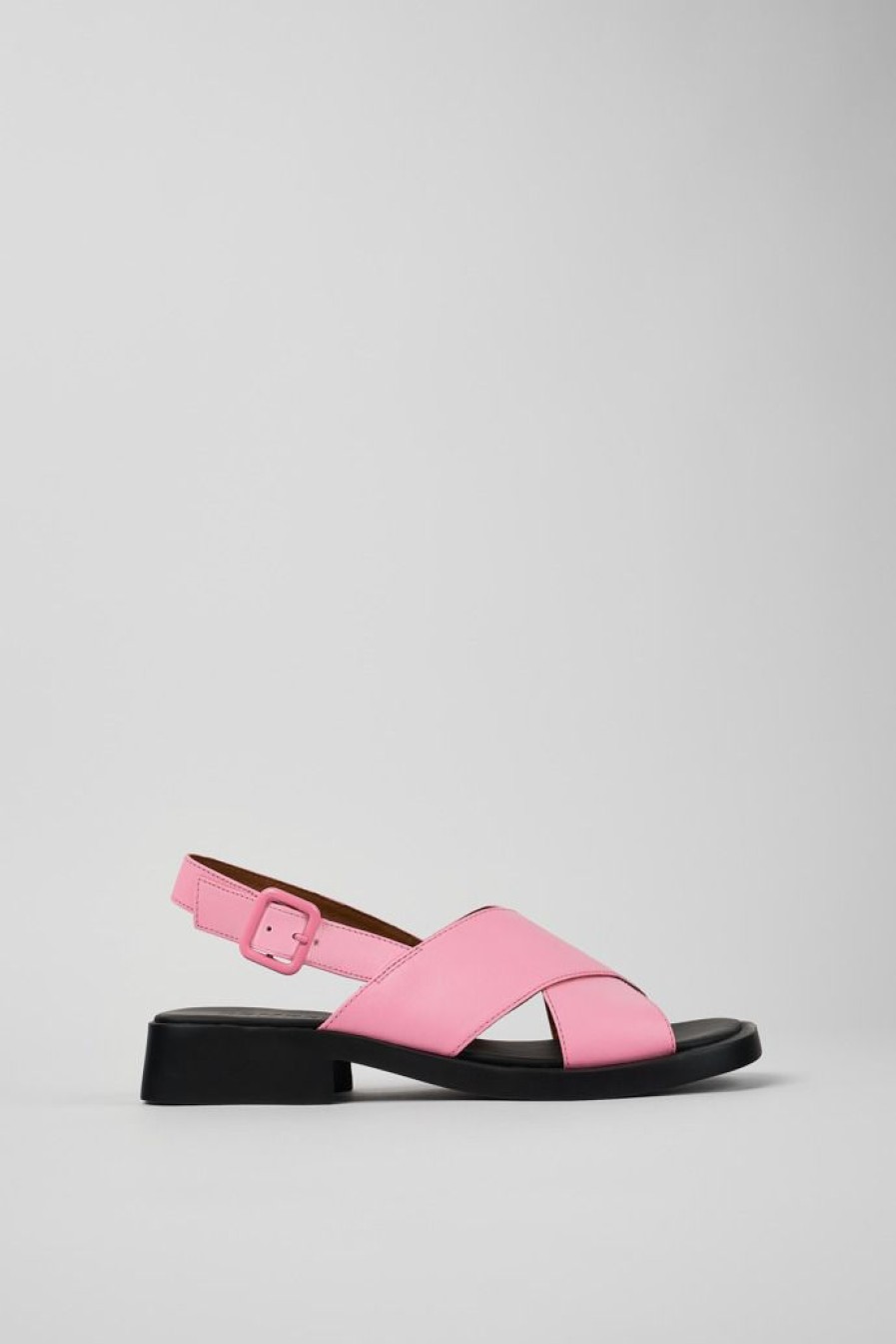 Camper Sandalias | Sandalia Con Tira Cruzada De Piel Rosa Para Mujer