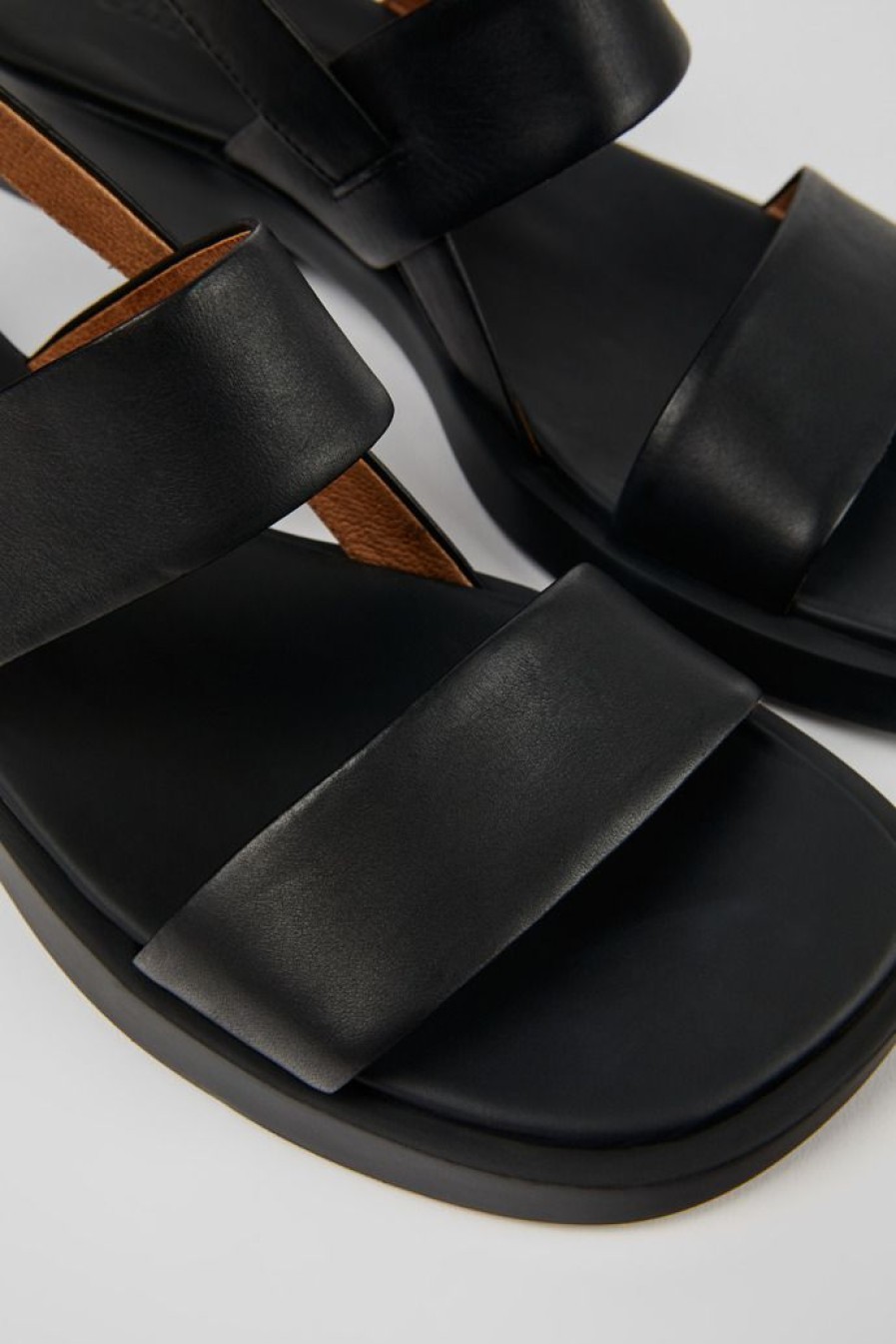 Camper Sandalias | Sandalia Con Dos Tiras De Piel Negra Para Mujer