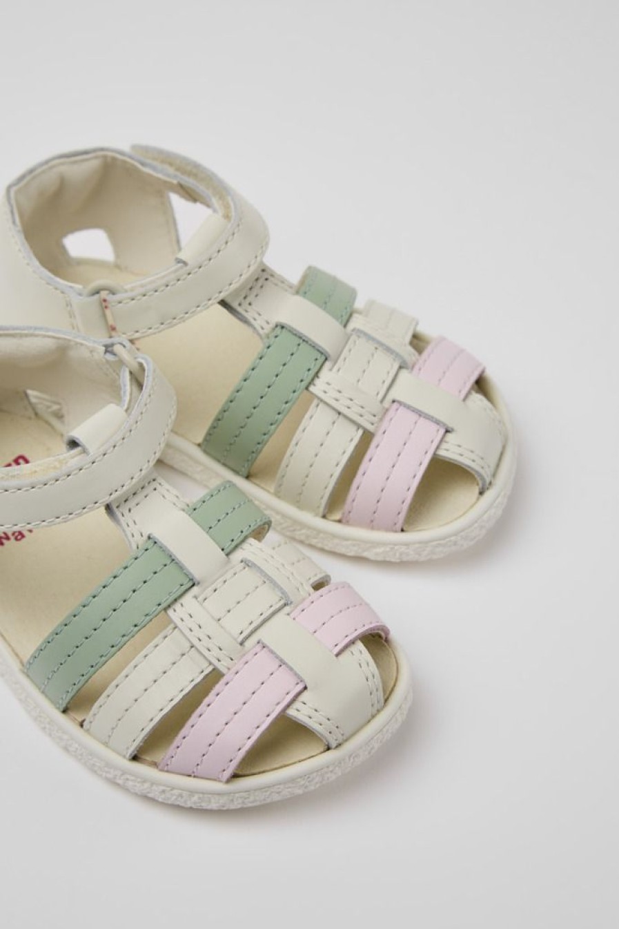 Camper Sandalias | Sandalias En Blanco, Verde Y Rosa De Piel