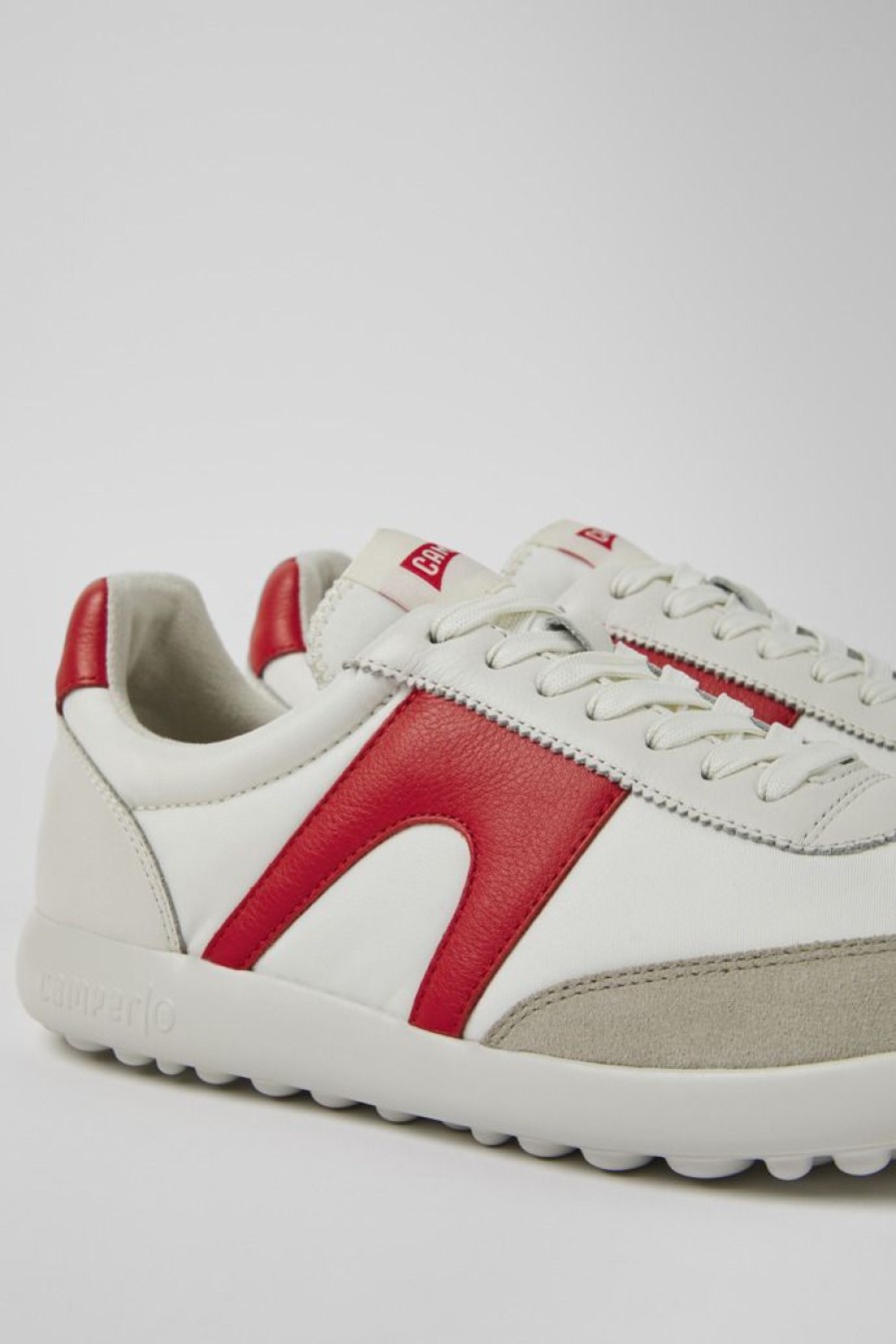 Camper Zapatillas | Sneaker Blanca Y Roja De Tejido Y Piel Para Hombre