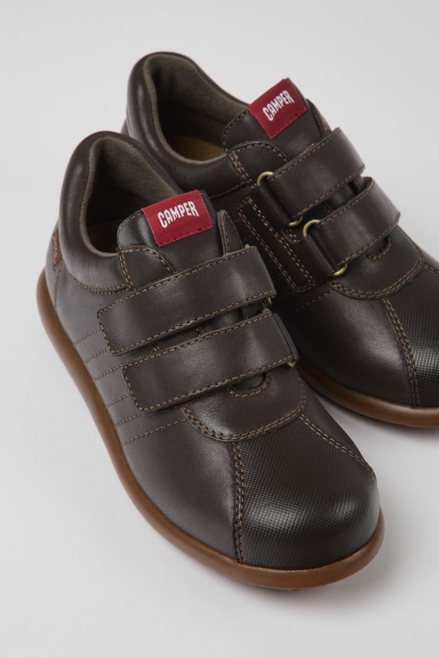 Camper Autocierre | Zapatos Marron Oscuro De Piel Y Tejido Para Ninos