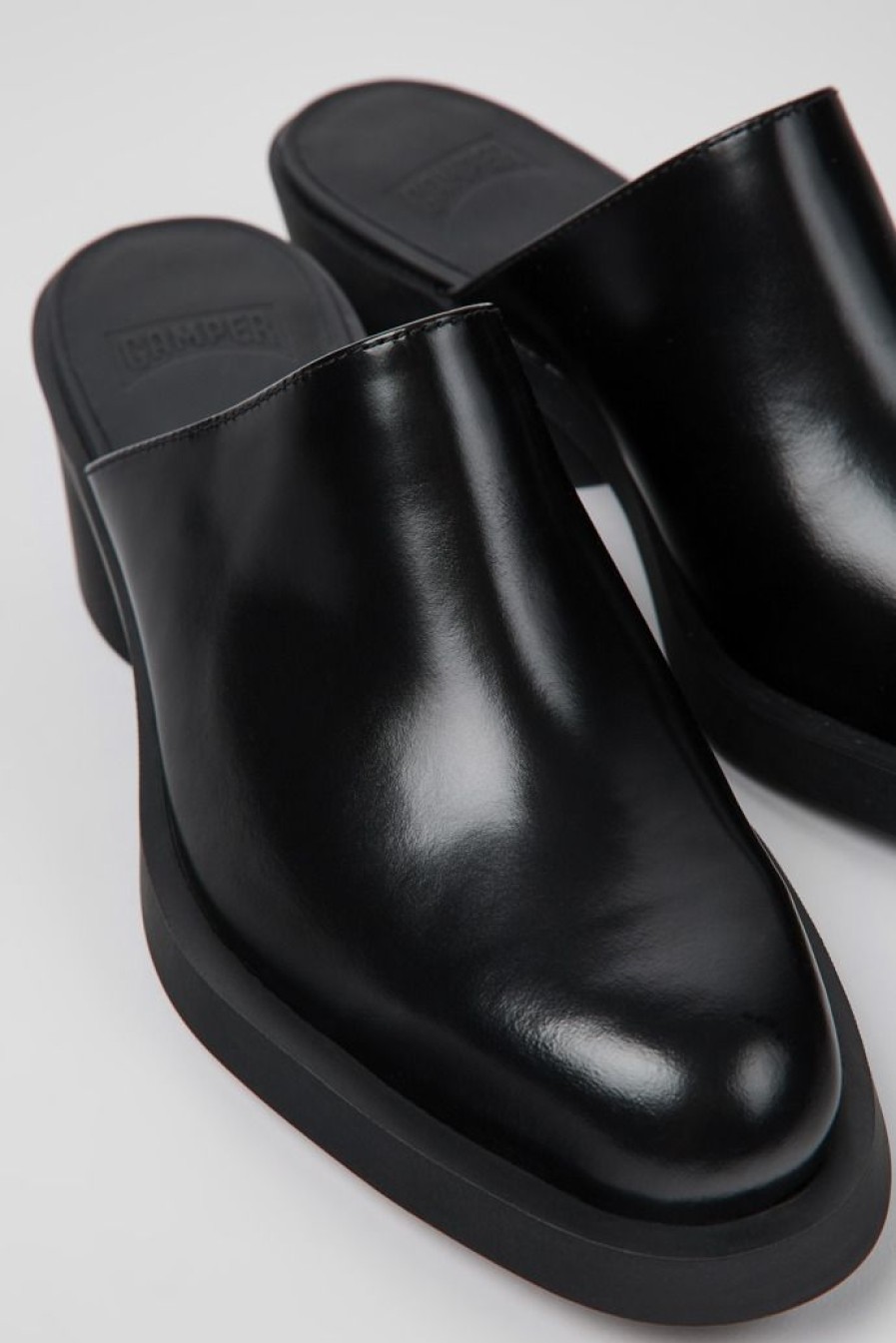 Camper Zapatos De Tacon | Mules Negros De Piel Para Mujer