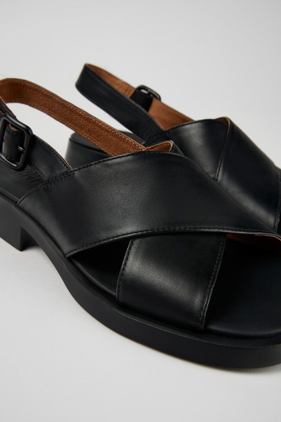 Camper Sandalias | Sandalia Con Tira Cruzada De Piel Negra Para Mujer