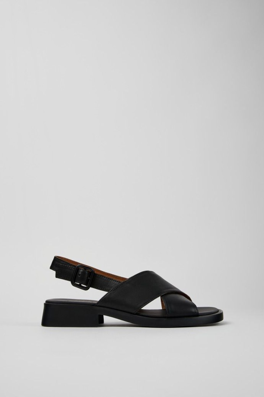 Camper Sandalias | Sandalia Con Tira Cruzada De Piel Negra Para Mujer